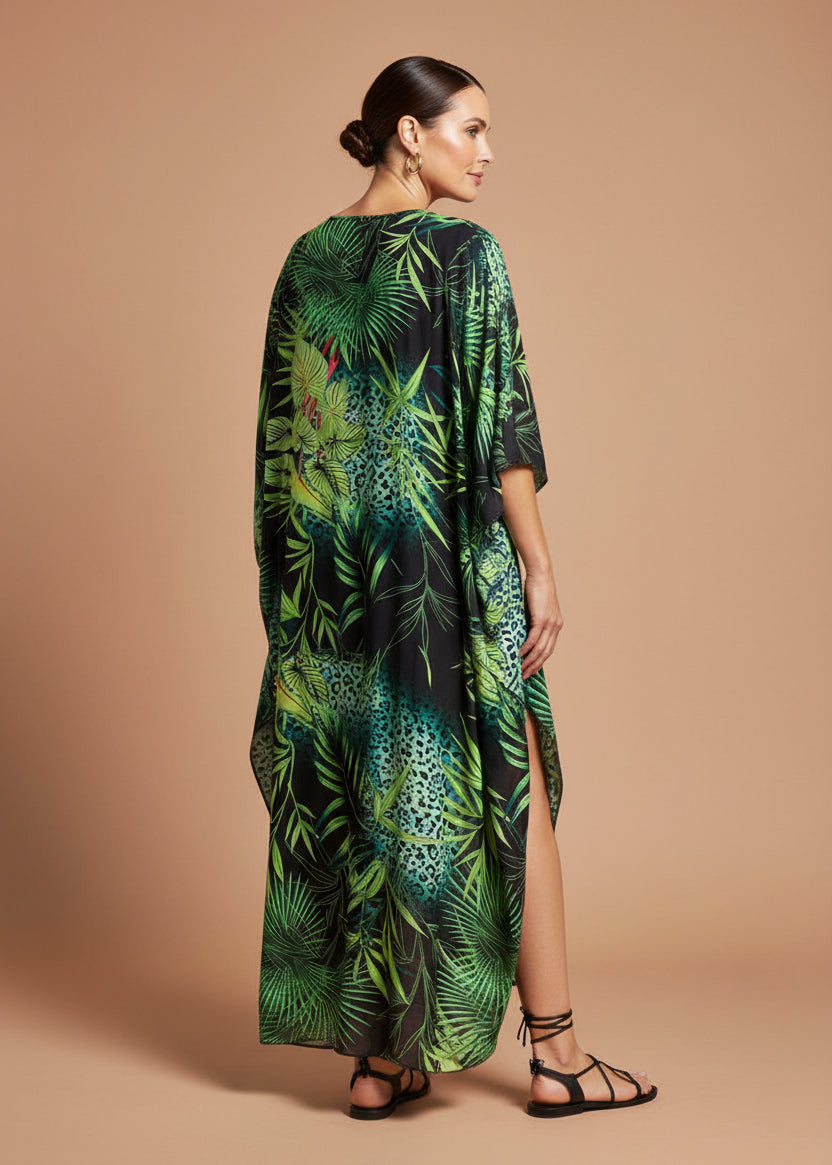Emerald Fern V Neck Kaftan with Diamond Pintuck-Zeemara