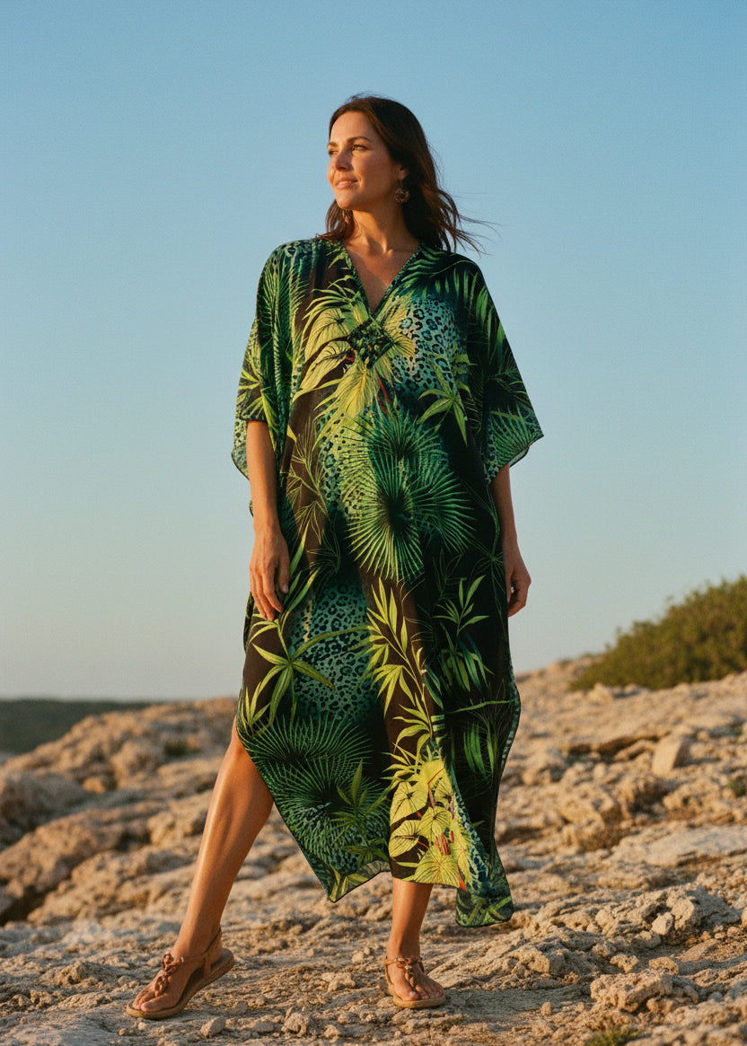 Emerald Fern V Neck Kaftan with Diamond Pintuck-Zeemara