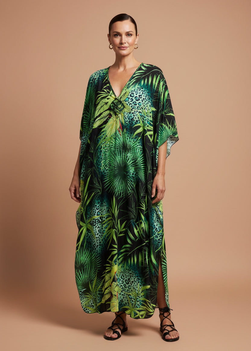 Emerald Fern V Neck Kaftan with Diamond Pintuck-Zeemara