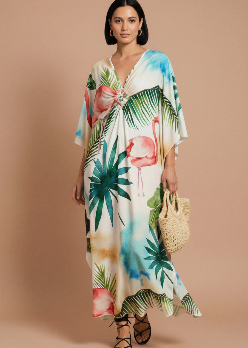 Flamingo Frost V Neck Kaftan with Diamond Pintuck-Zeemara