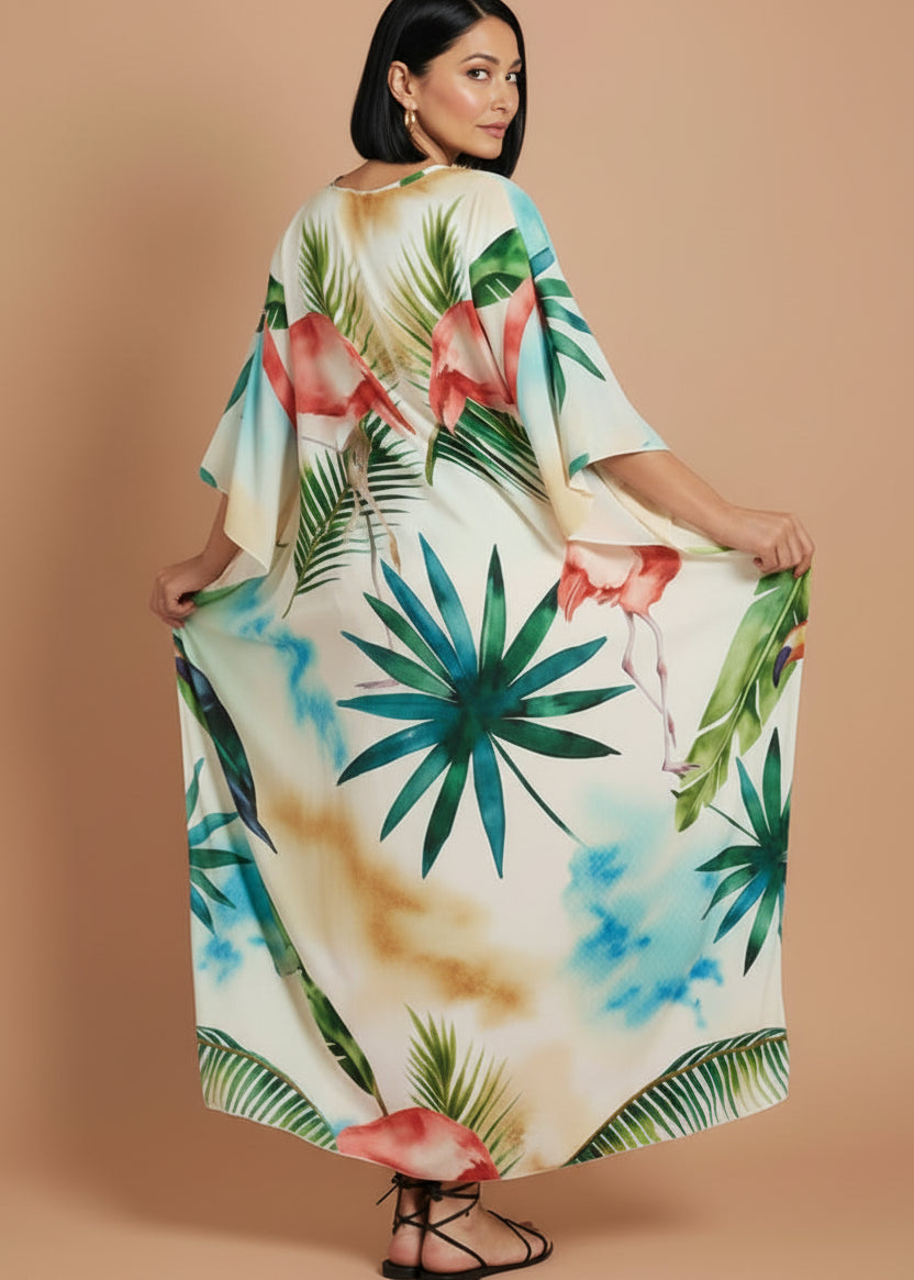 Flamingo Frost V Neck Kaftan with Diamond Pintuck-Zeemara