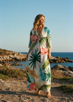 Flamingo Frost V Neck Kaftan with Diamond Pintuck-Zeemara