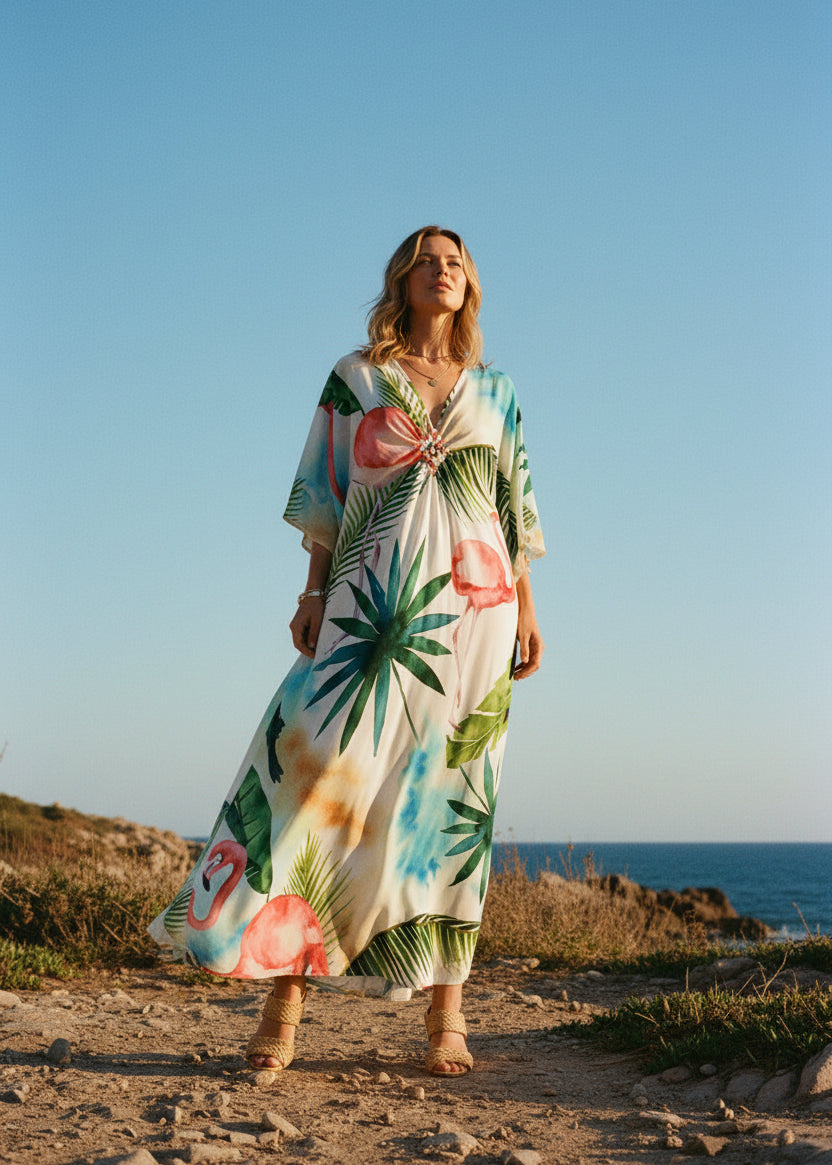 Flamingo Frost V Neck Kaftan with Diamond Pintuck-Zeemara