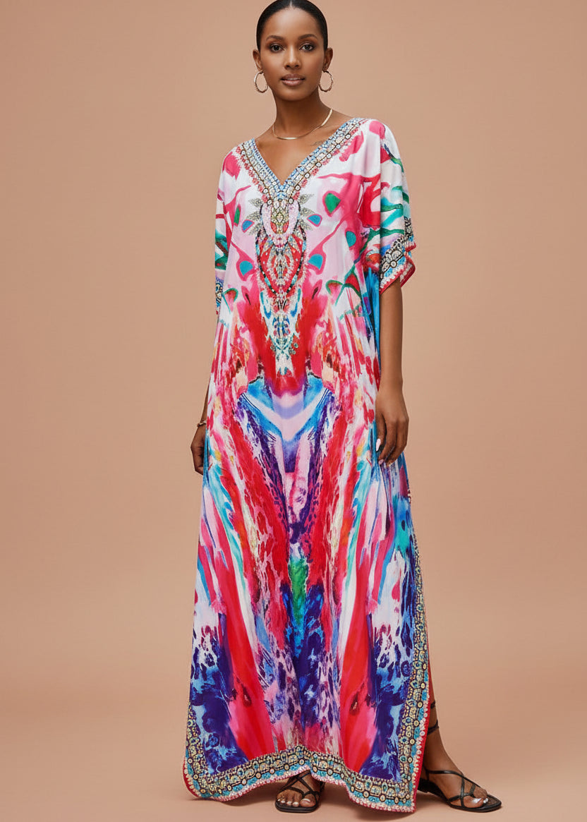 Fuschia Mirage V Neck Kaftan-Zeemara