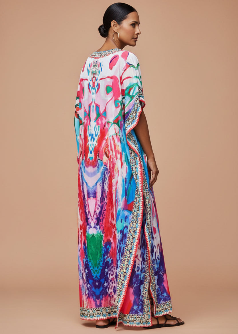 Fuschia Mirage V Neck Kaftan-Zeemara