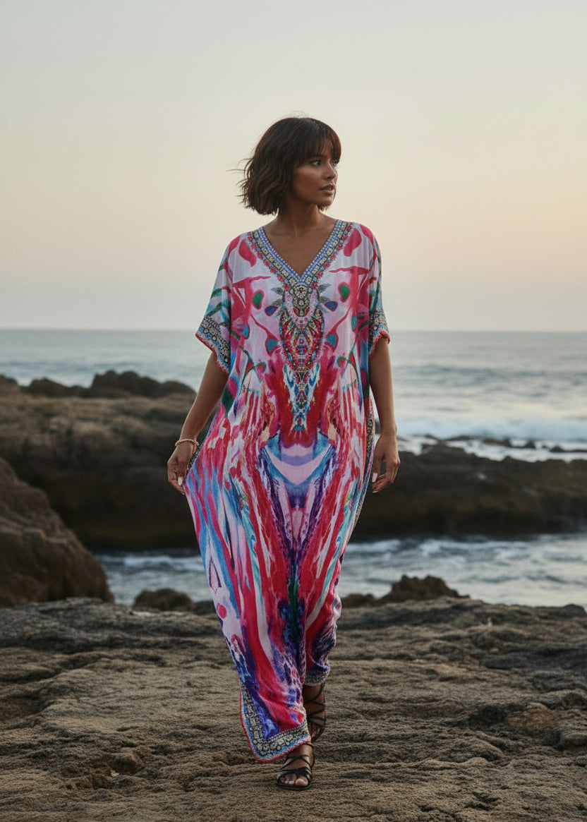Fuschia Mirage V Neck Kaftan-Zeemara
