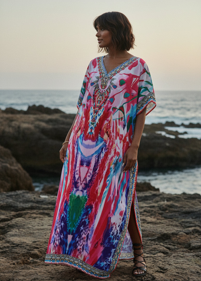 Fuschia Mirage V Neck Kaftan-Zeemara