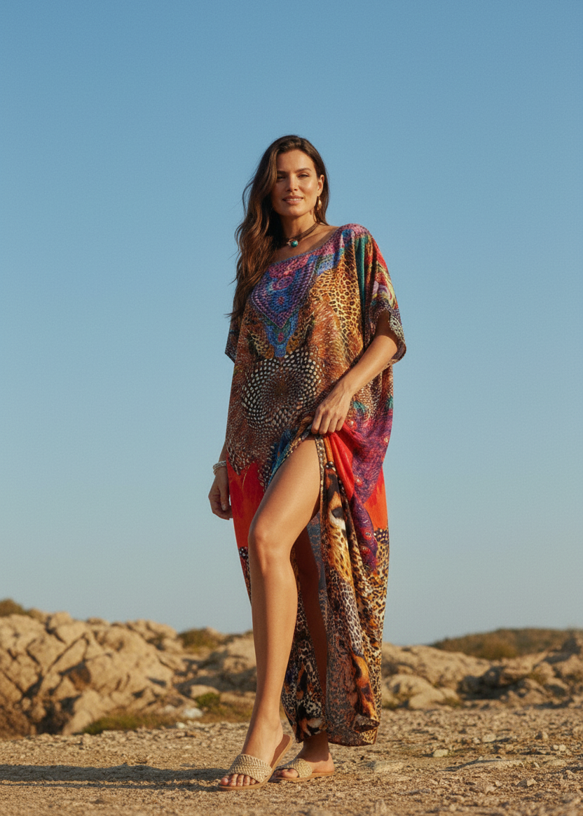 Gilded Totem Round Neck Kaftan-Zeemara