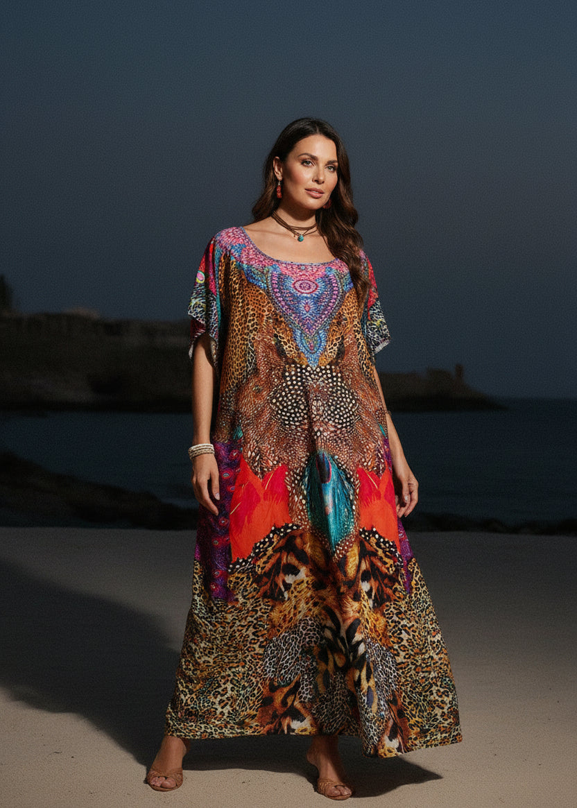 Gilded Totem Round Neck Kaftan-Zeemara