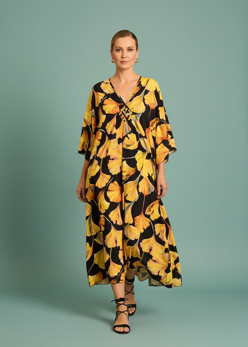 Golden Marigold V Neck Kaftan with Diamond Pintuck-Zeemara