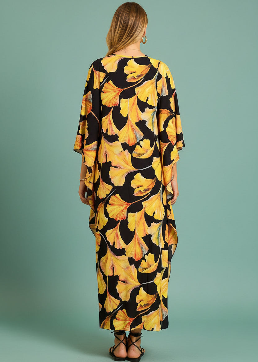 Golden Marigold V Neck Kaftan with Diamond Pintuck-Zeemara