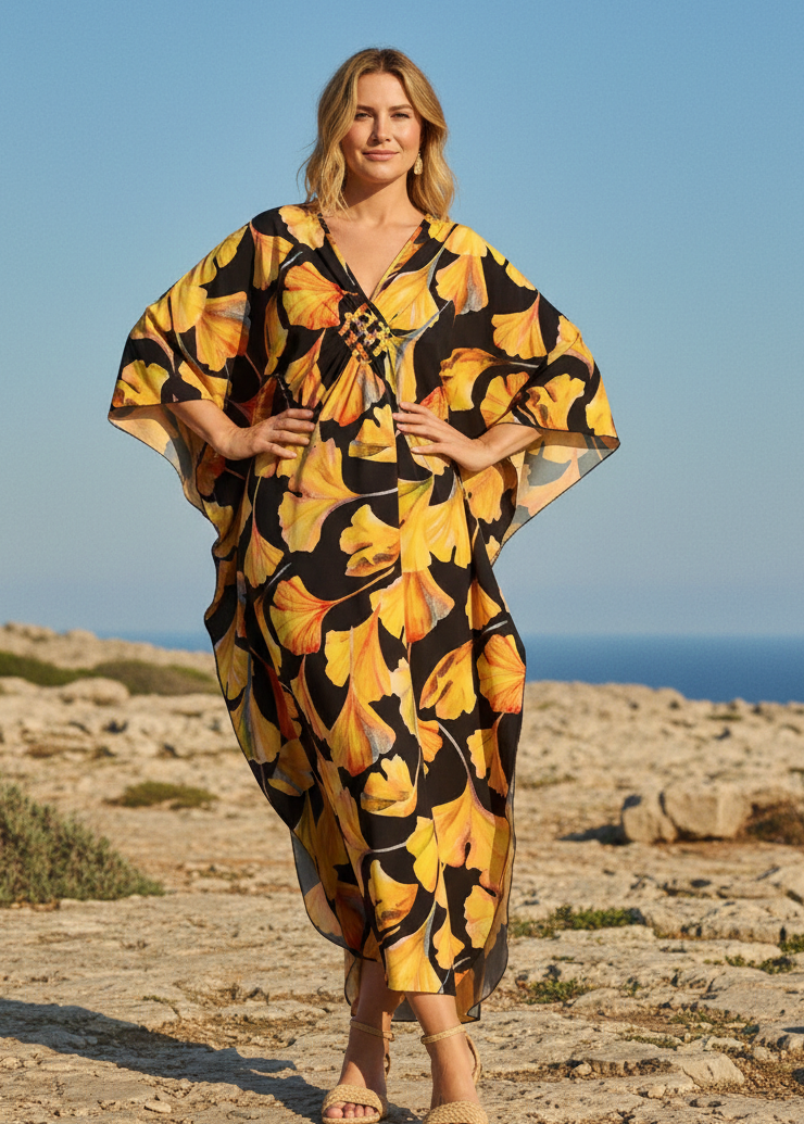 Golden Marigold V Neck Kaftan with Diamond Pintuck-Zeemara