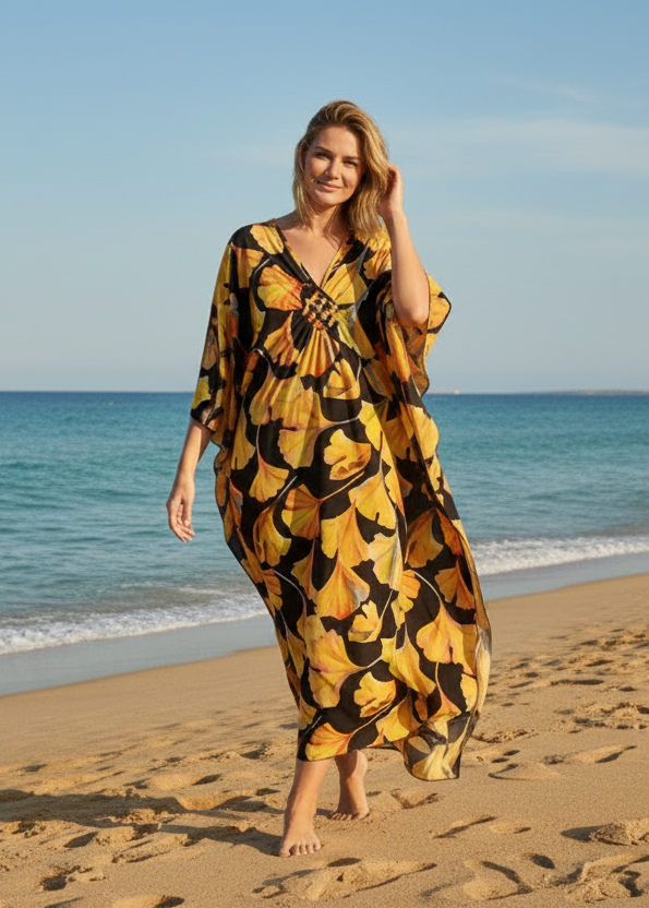 Golden Marigold V Neck Kaftan with Diamond Pintuck-Zeemara