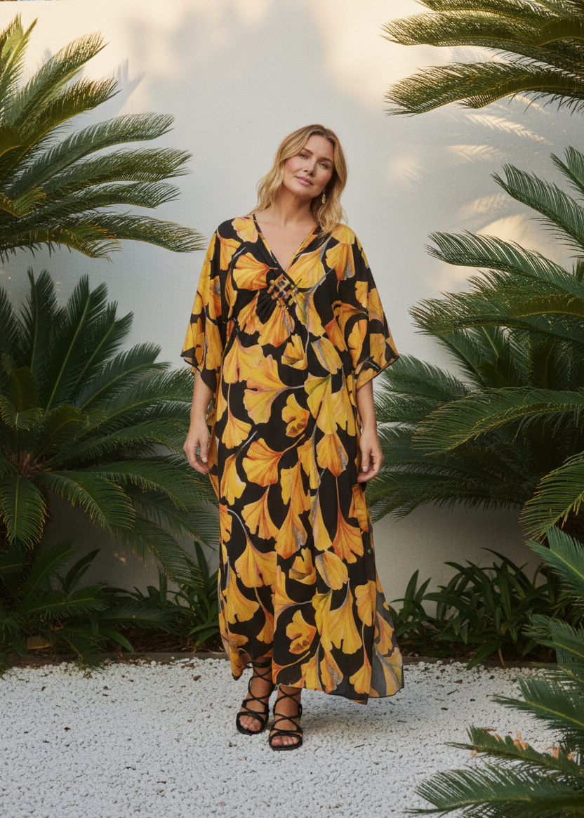 Golden Marigold V Neck Kaftan with Diamond Pintuck-Zeemara