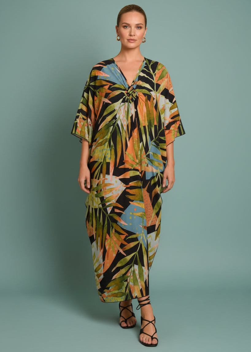 Golden Palm V Neck Kaftan with Diamond Pintuck-Zeemara