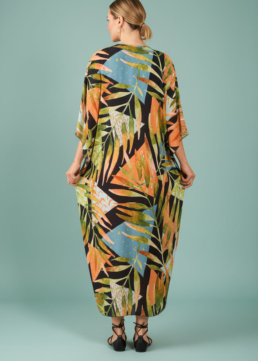 Golden Palm V Neck Kaftan with Diamond Pintuck-Zeemara