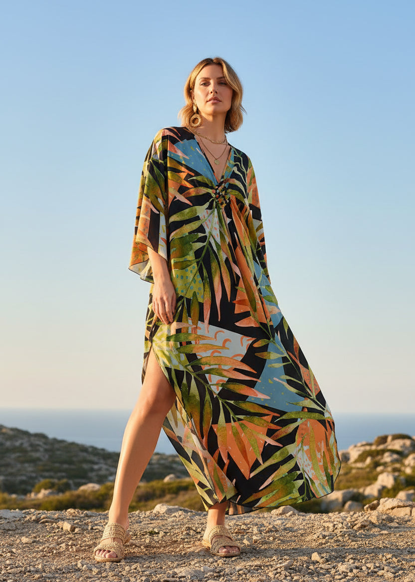 Golden Palm V Neck Kaftan with Diamond Pintuck-Zeemara