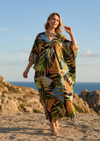 Golden Palm V Neck Kaftan with Diamond Pintuck-Zeemara
