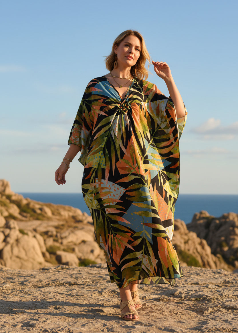 Golden Palm V Neck Kaftan with Diamond Pintuck-Zeemara