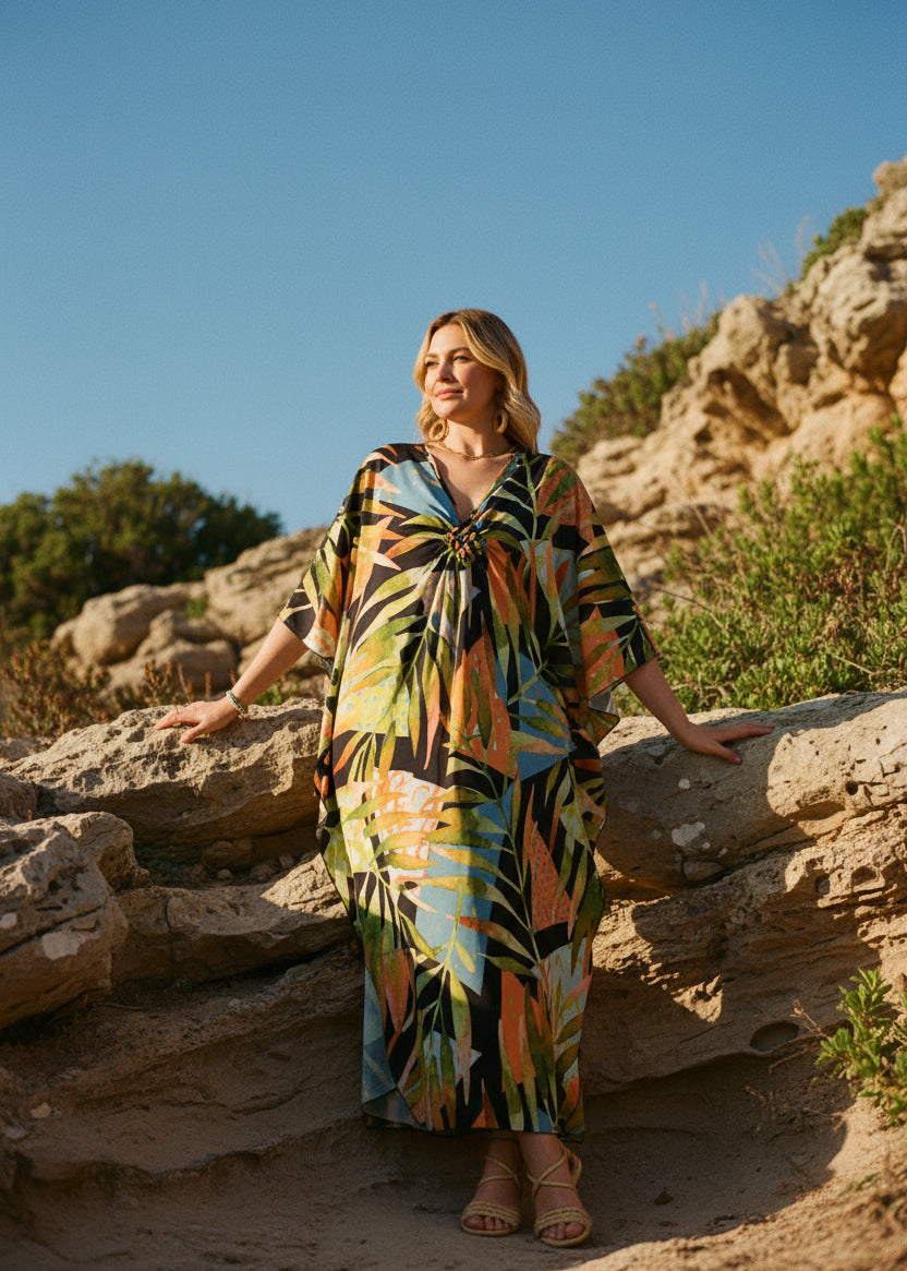 Golden Palm V Neck Kaftan with Diamond Pintuck-Zeemara