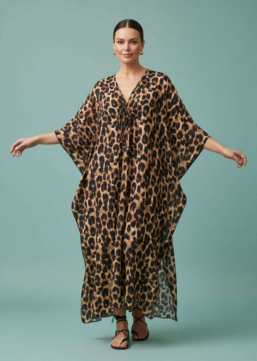 Golden Savannah V Neck Kaftan with Diamond Pintuck-Zeemara