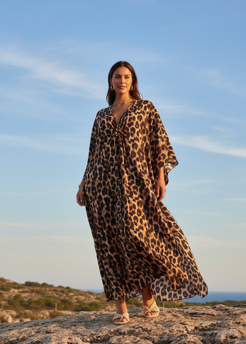Golden Savannah V Neck Kaftan with Diamond Pintuck-Zeemara