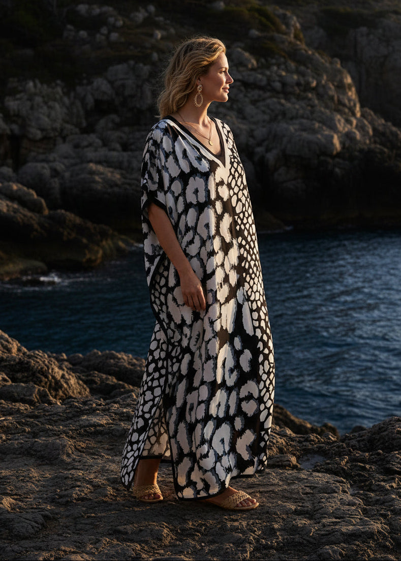 Graphic Cat V Neck Kaftan-Zeemara