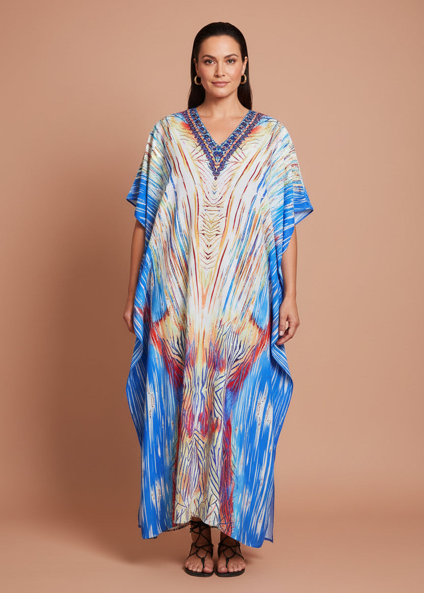 Imperial Sand V Neck Kaftan-Zeemara