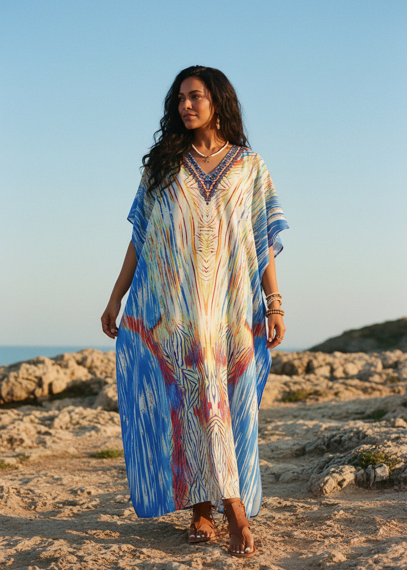 Imperial Sand V Neck Kaftan-Zeemara