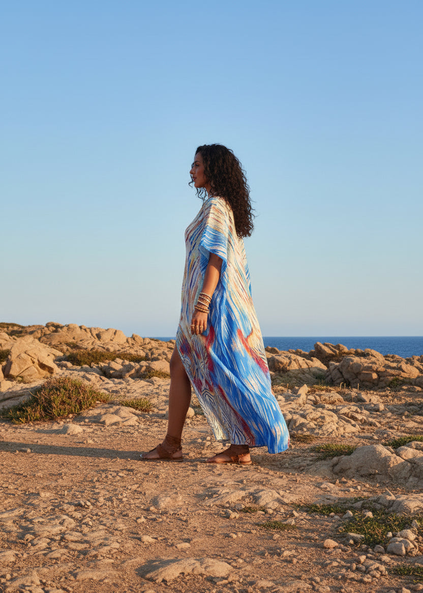 Imperial Sand V Neck Kaftan-Zeemara