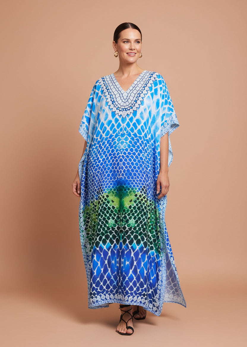 Indigo Scale V Neck Kaftan-Zeemara
