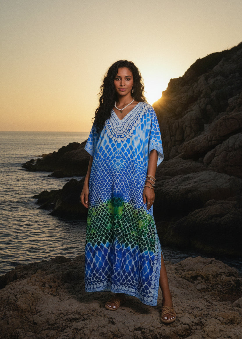 Indigo Scale V Neck Kaftan-Zeemara