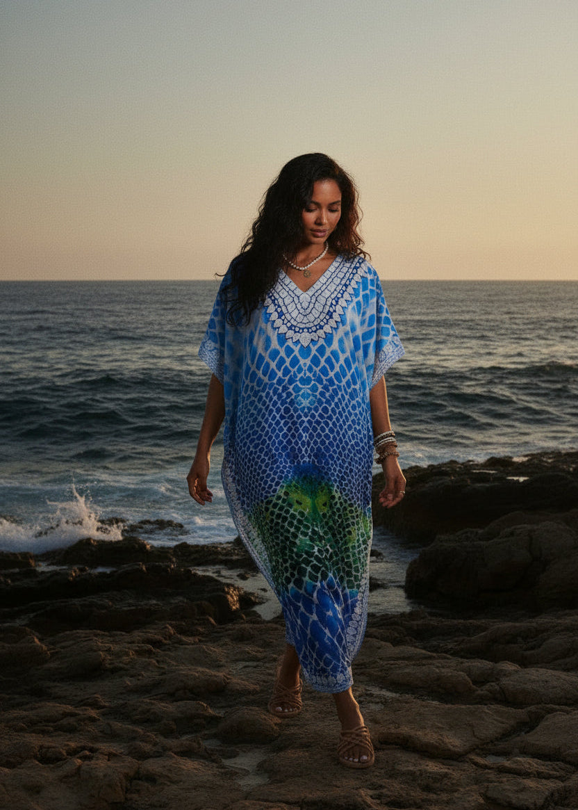 Indigo Scale V Neck Kaftan-Zeemara