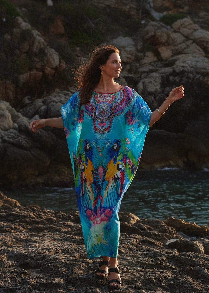 Island Oracle Round Neck Kaftan with Notched Collar-Zeemara