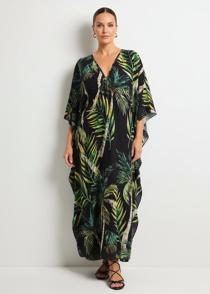 Island Twilight V Neck Kaftan with Diamond Pintuck-Zeemara