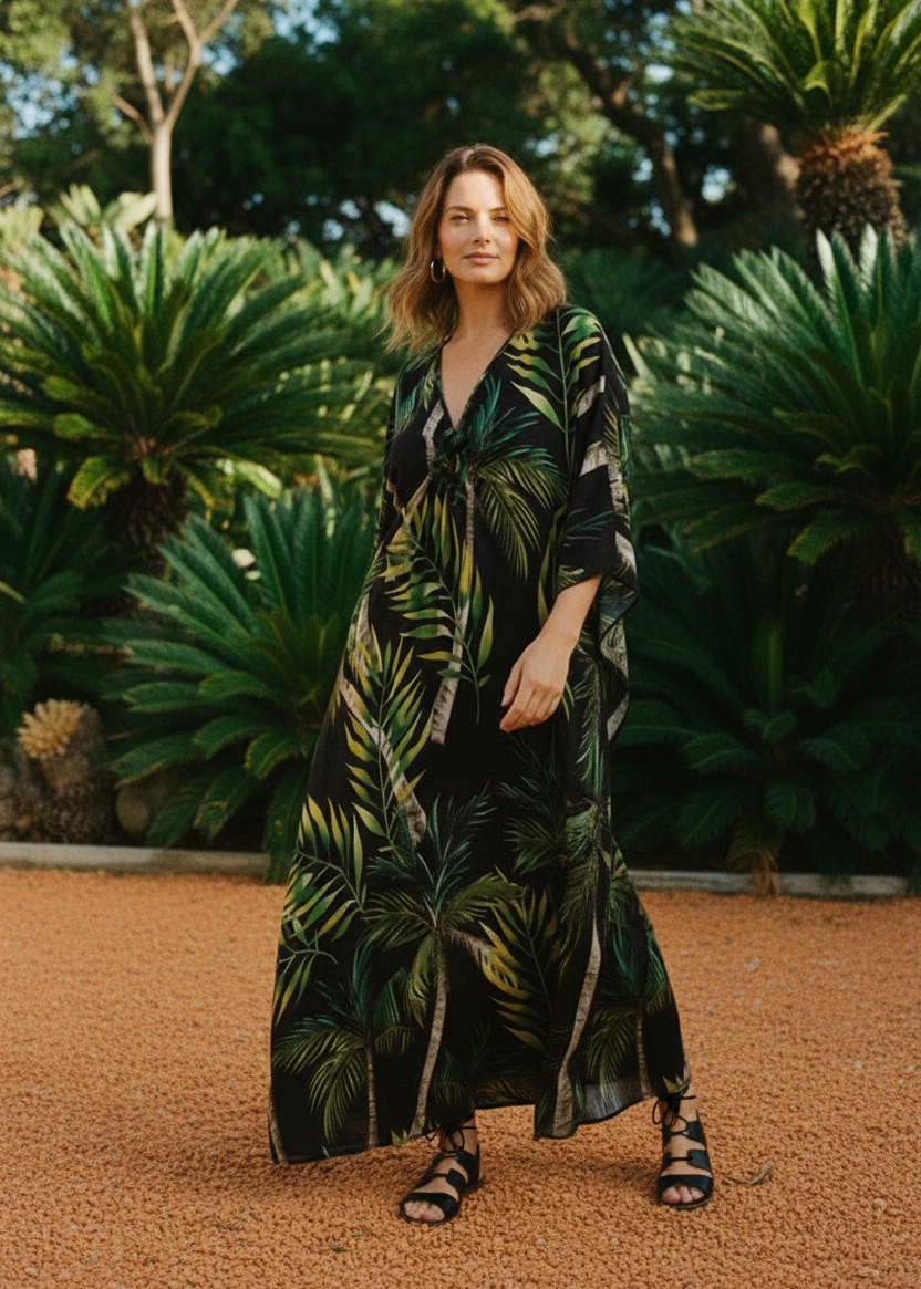 Island Twilight V Neck Kaftan with Diamond Pintuck-Zeemara