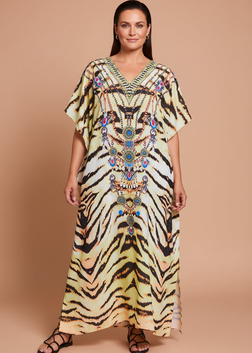 Ivory Tigress V Neck Kaftan-Zeemara