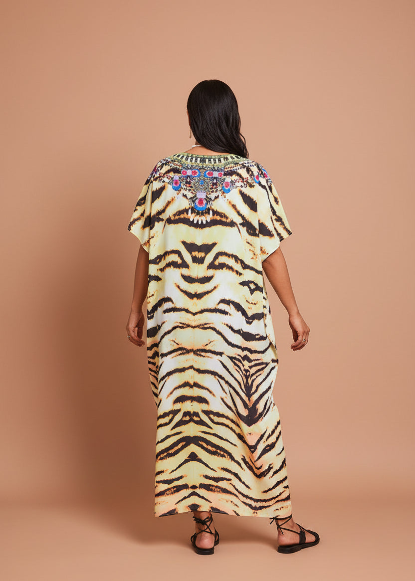 Ivory Tigress V Neck Kaftan-Zeemara