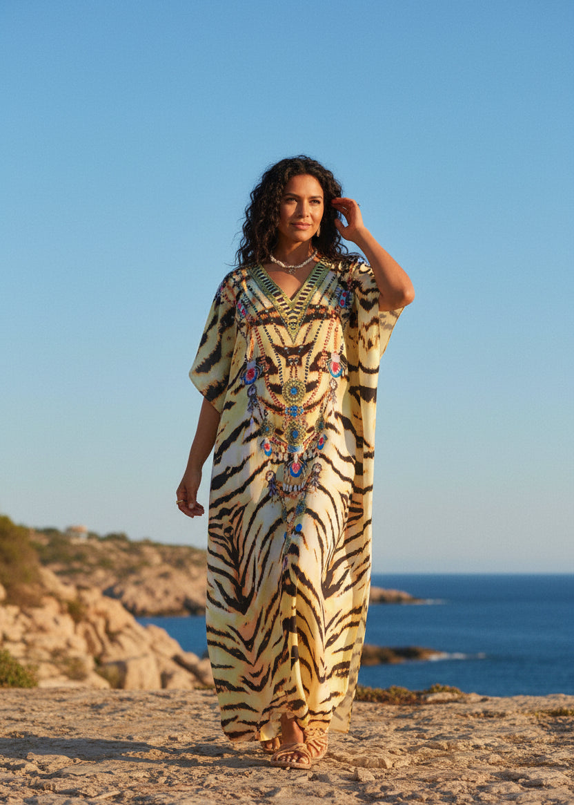 Ivory Tigress V Neck Kaftan-Zeemara