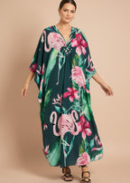 Midnight Hibiscus V Neck Kaftan with Diamond Pintuck-Zeemara