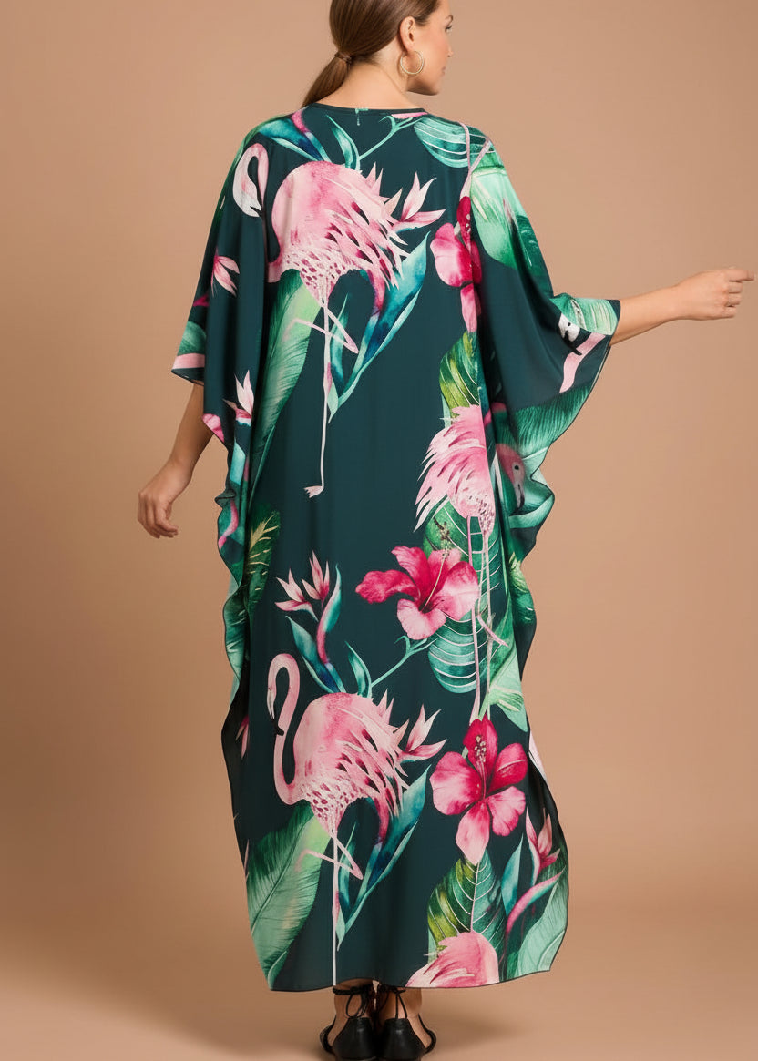Midnight Hibiscus V Neck Kaftan with Diamond Pintuck-Zeemara