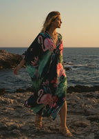 Midnight Hibiscus V Neck Kaftan with Diamond Pintuck-Zeemara