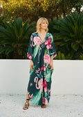 Midnight Hibiscus V Neck Kaftan with Diamond Pintuck-Zeemara