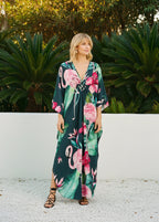 Midnight Hibiscus V Neck Kaftan with Diamond Pintuck-Zeemara