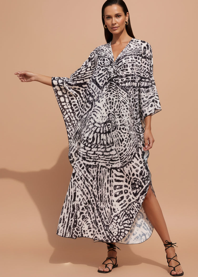 Midnight Monotone V Neck Kaftan with Diamond Pintuck-Zeemara