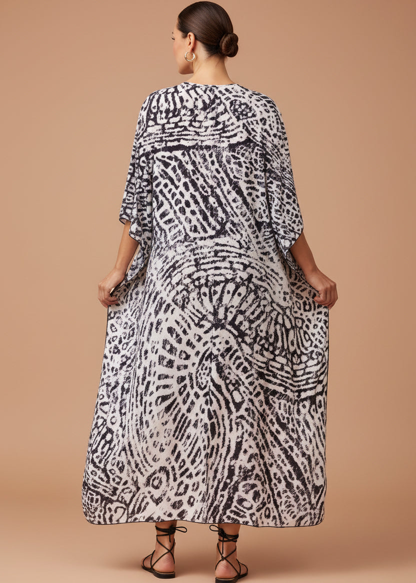 Midnight Monotone V Neck Kaftan with Diamond Pintuck-Zeemara