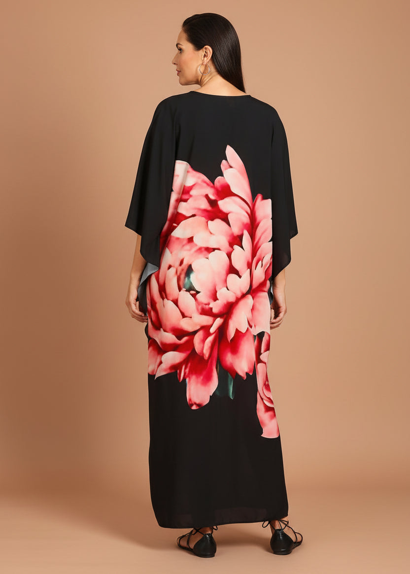 Midnight Peony V Neck Kaftan with Diamond Pintuck-Zeemara