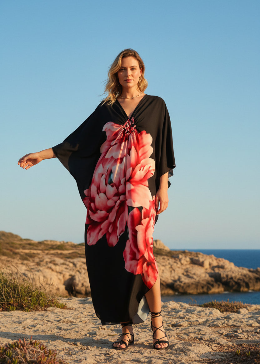 Midnight Peony V Neck Kaftan with Diamond Pintuck-Zeemara