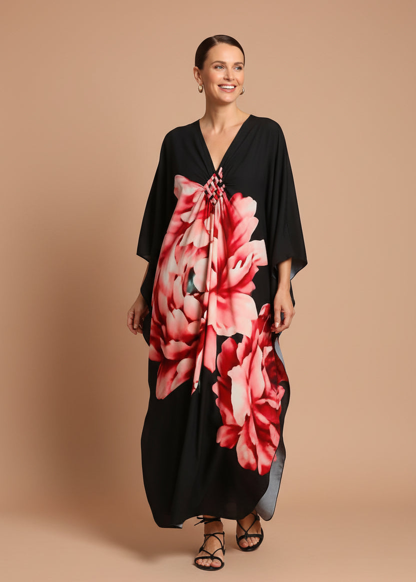 Midnight Peony V Neck Kaftan with Diamond Pintuck-Zeemara