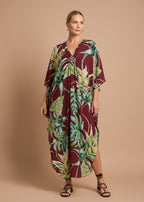 Monstera Merlot V Neck Kaftan with Diamond Pintuck-Zeemara